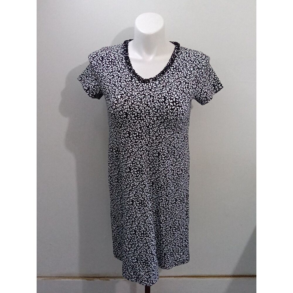 Talbots Petites Black White Daisy Floral Dress V-Neck Size MP